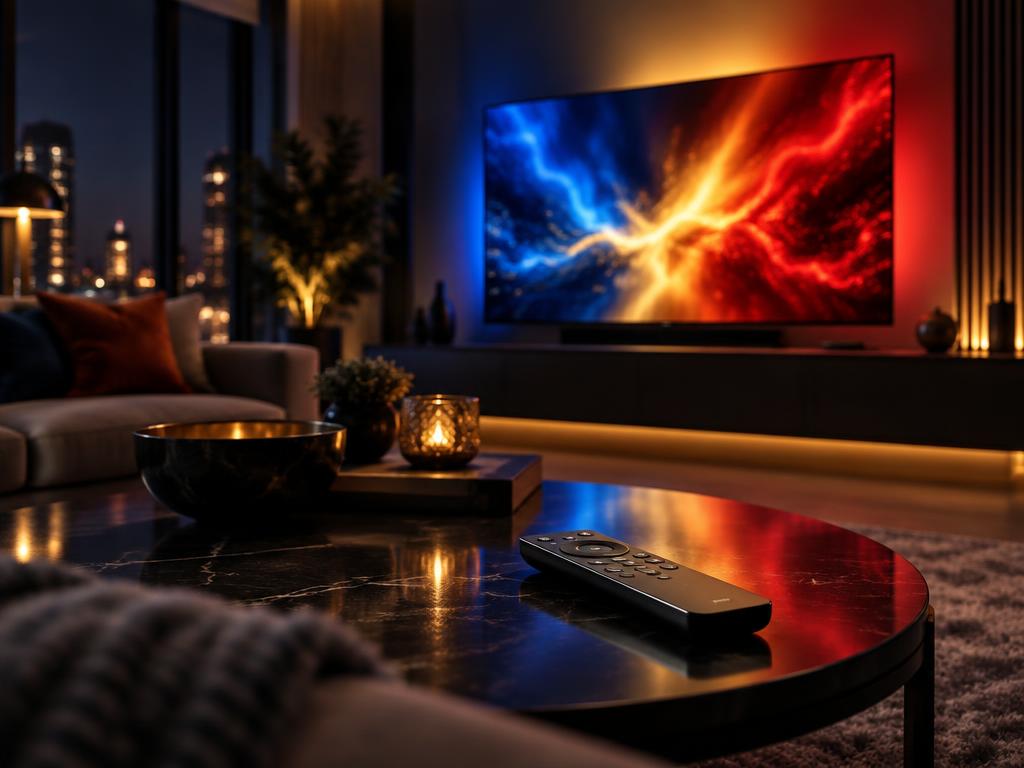 Televizor într-un living modern, iluminat în culorile României